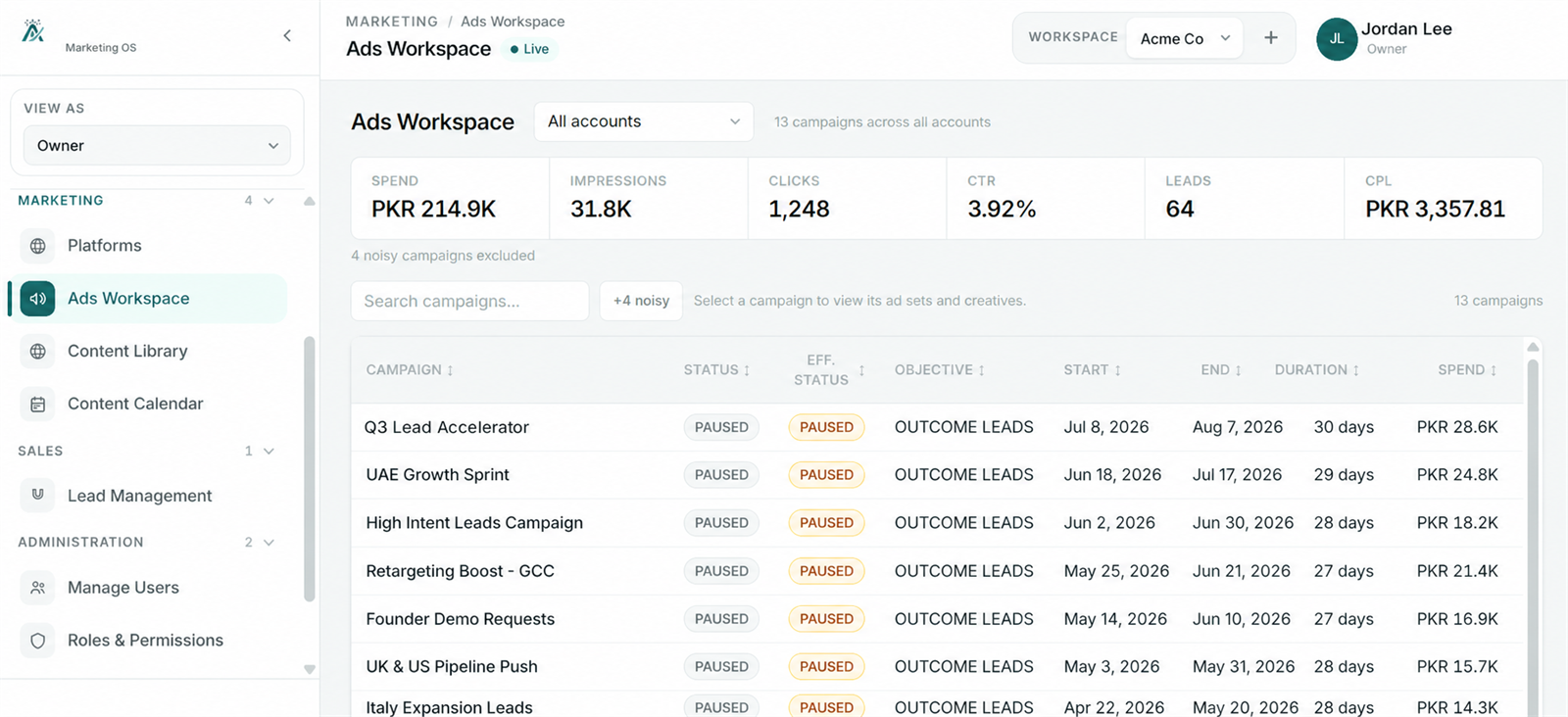 Operate, Ads Workspace, Content Library, Lead Management